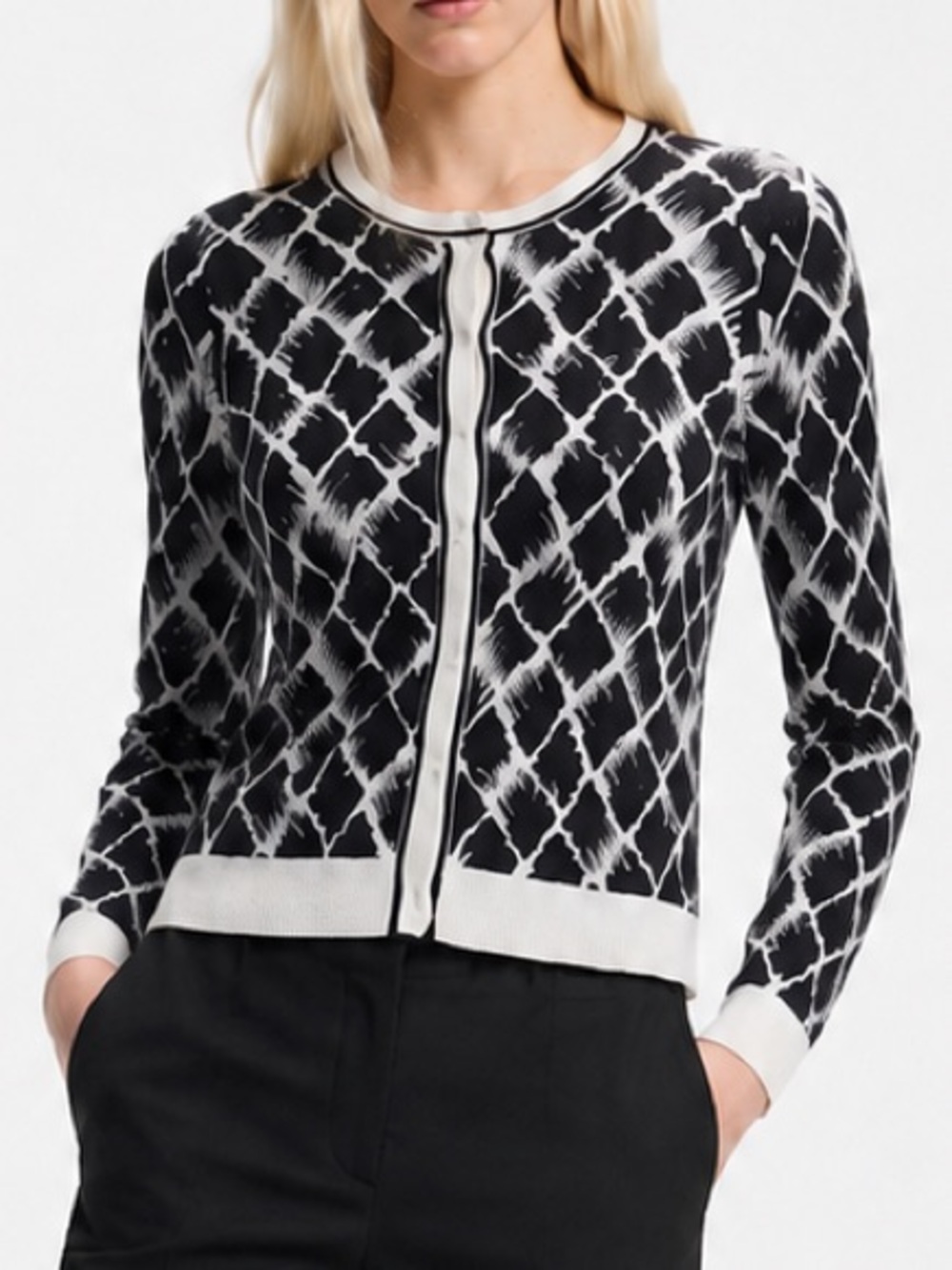 Hugo Boss Black White Geometric Print Button Front Knit Cardigan Sweater M NWOT